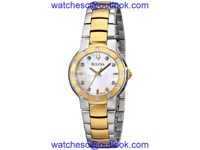 Bulova 98R168 Two Tone Stainless Steel Gold Tone Mother of Pearl Dial Diamond Bezel 28mm Womens Watch Bulova