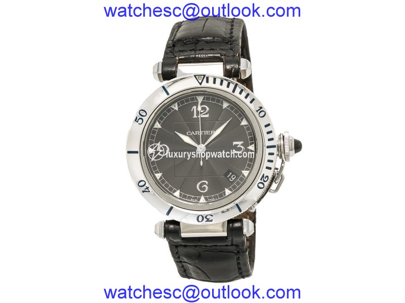 Cartier Pasha 2379 Stainless Steel & Leather Band Black Dial Automatic 38mm Mens Watch Cartier