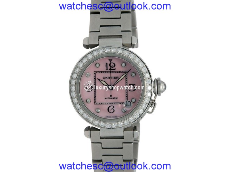 Cartier Pasha 2324 Stainless Steel Pink Mother Of Pearl Diamond Dial Automatic Womens Watch Cartier