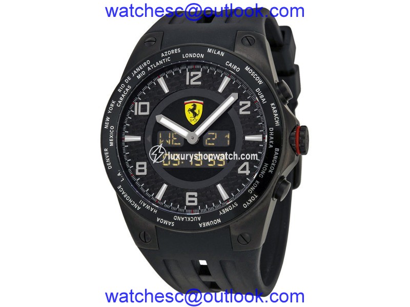 Ferrari World Time FE-05-IPB-FC Carbon Fiber Dial Rubber Strap Quartz Mens Watch Ferrari