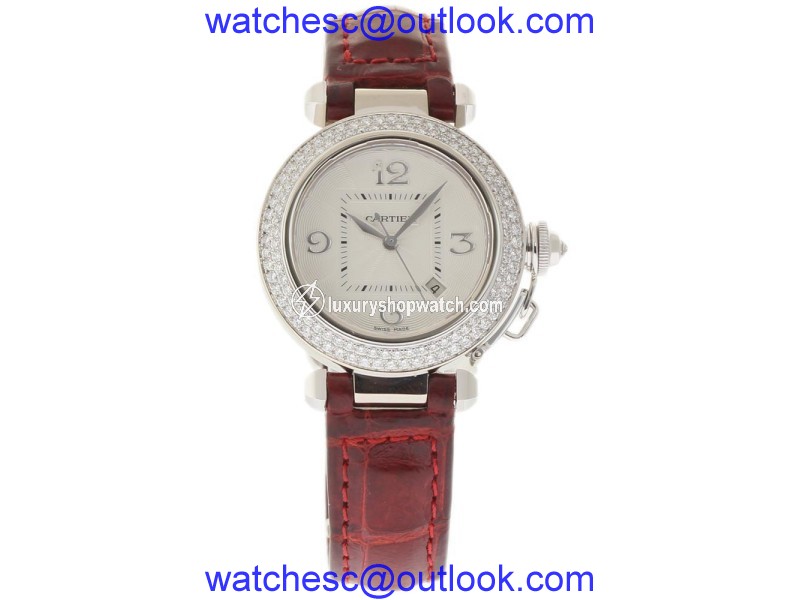 Cartier Pasha 2400 White Gold & Leather wDiamonds Silver Dial Automatic 32mm Unisex Watch Cartier