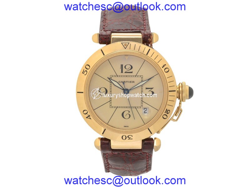 Cartier Pasha 1020 18K Yellow Gold / Leather with Beige Dial 29mm Mens Watch Cartier
