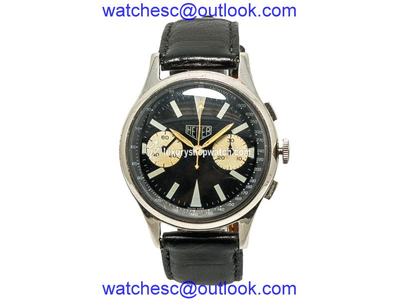 Heuer Big Eyes Stainless Steel & Leather Black Dial Automatic Vintage 38mm Mens Watch Heuer