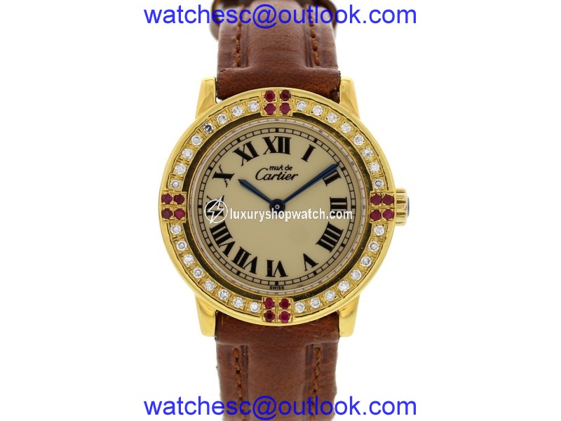 Cartier Must de 1801 Argent & Leather W/ Diamonds & Rubies Quartz 27mm Womens Watch Cartier