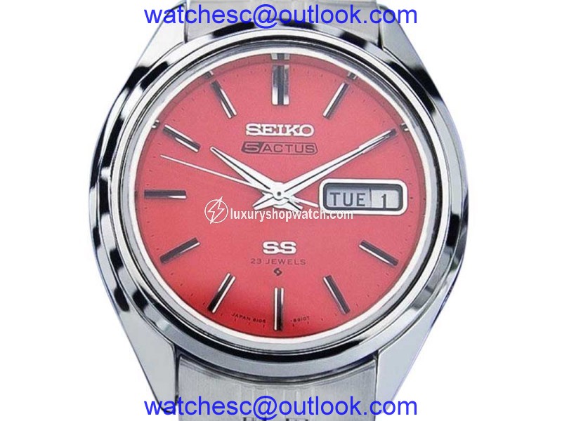 Seiko 5 Actus Day Date Automatic Vintage Coral Pink Dial Mens Watch Seiko