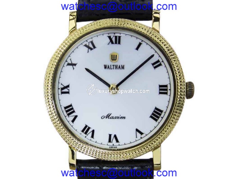 Waltham Maxim Gold Plated Stainless Steel & Leather Manual Vintage 34mm Mens Watch 1980s Waltham