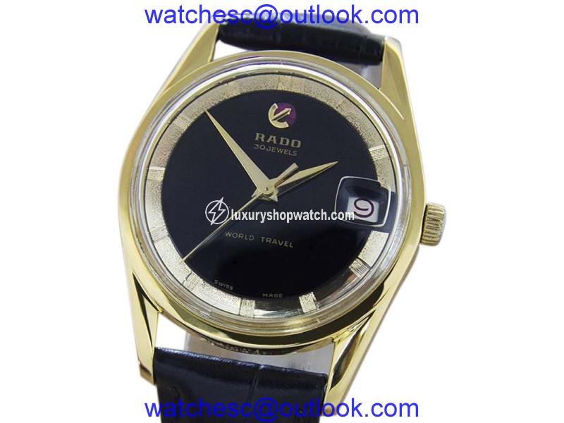 Rado World Travel Gold Plated Stainless Steel & Leather Automatic 34mm Mens Watch 1960s Rado Watch