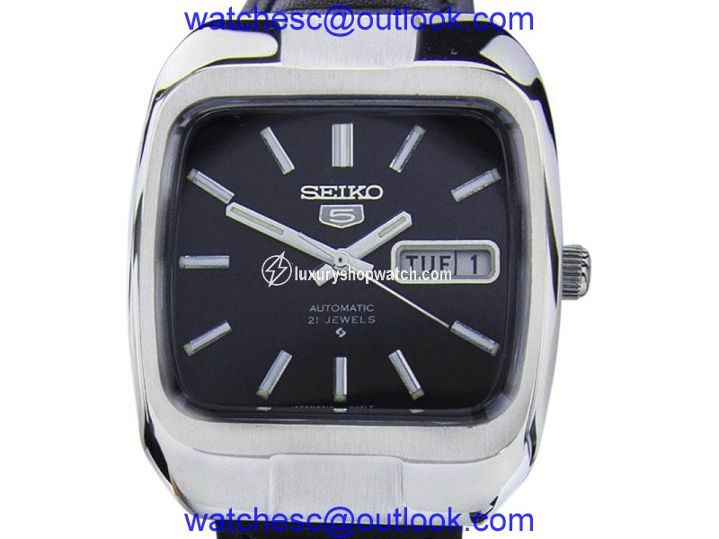 Seiko 5 Stainless Steel & Leather Black Dial Automatic 35mm Mens Watch Seiko