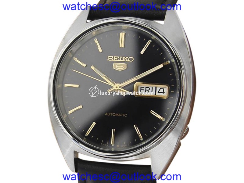 Seiko 5 Stainless Steel & Leather Black Dial Automatic 36mm Mens Watch c1970 Seiko