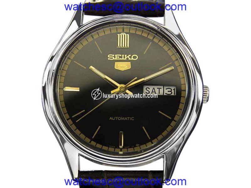 Seiko Day Date 5 Automatic Black Leather Stainless Steel 35mm Mens Watch 1970s Seiko