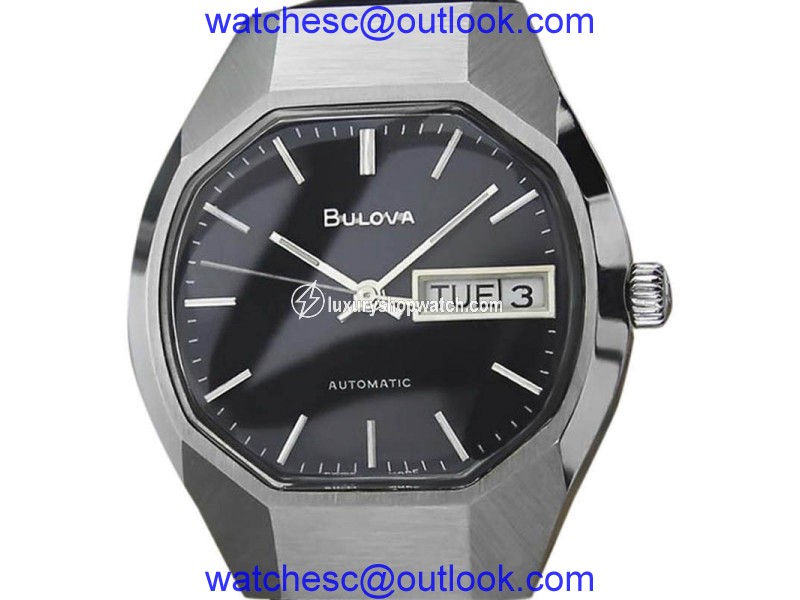 Bulova Day Date Stainless Steel & Leather Automatic Vintage 35mm Mens Watch 1970s Bulova