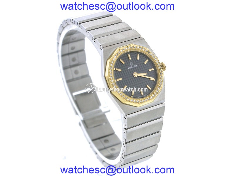 Concord Mariner SG Stainless Steel 18K Gold Diamond Black Quartz Womens Watch Concord