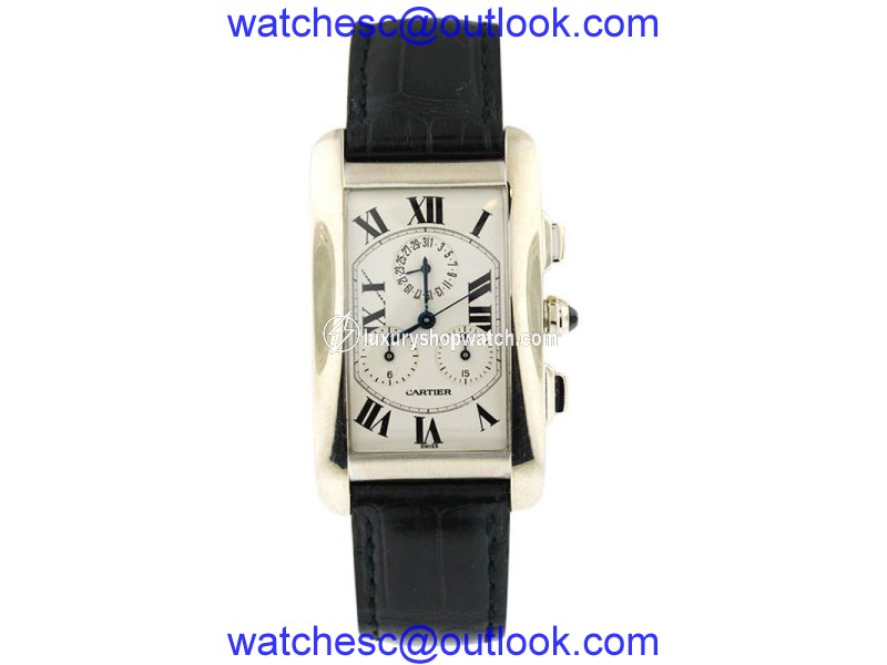 Cartier 2312 Tank Americaine 18K White Gold Rectangle White Face Black Crocodile Leather Band Womens Watch Cartier