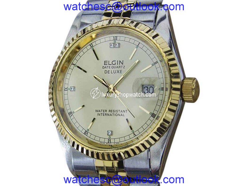 Elgin Datequartz DeLuxe Gold Plated / Stainless Steel Quartz 36mm Mens Watch Elgin