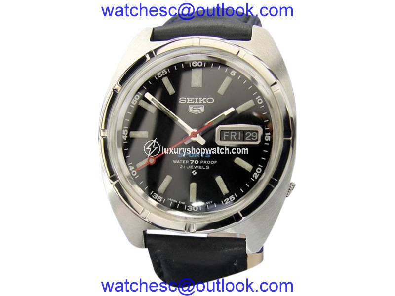 Seiko 5 Sports Leather Strap / Stainless Steel Vintage 37mm Mens Watch Seiko