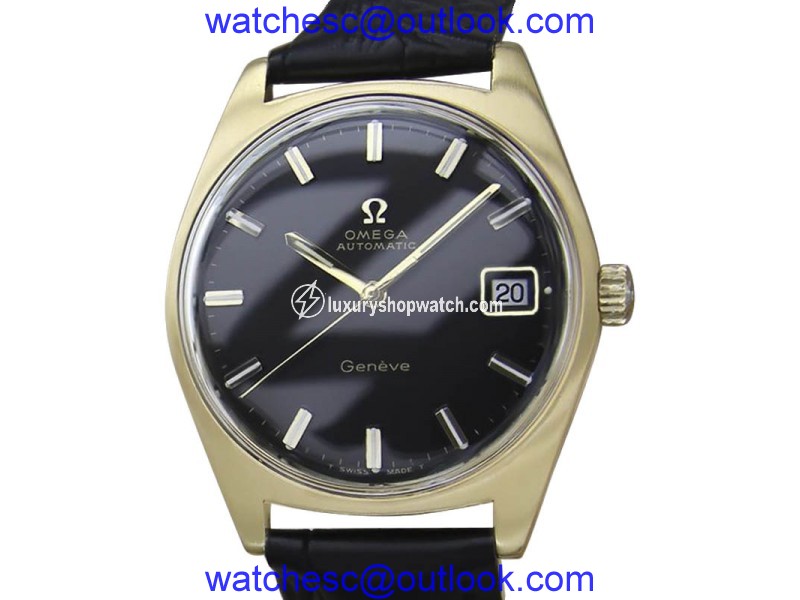 Omega Geneve Gold Plat Stainless Steel & Leather with Black Dial Vintage 34mm Mens Watch Omega