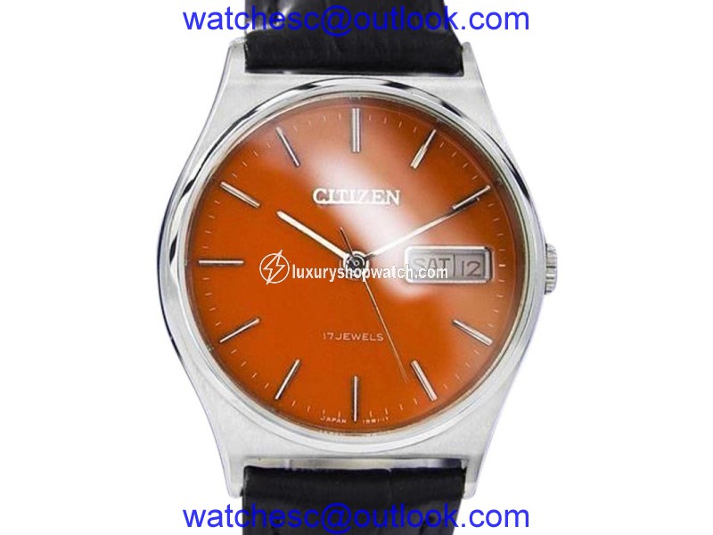 Citizen Day Date Manual Wind Orange Dial Stainless Steel Mens Watch 1980 Citizen