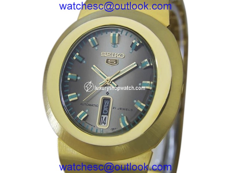 Seiko 5 6119 Gold Plated Stainless Steel Automatic 35mm Mens Watch 1970s Seiko
