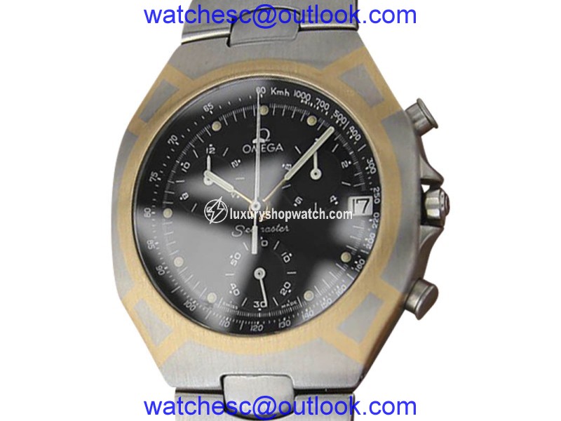 Omega Seamaster Polaris 18K Gold & Stainless Steel Black Dial Quartz 38mm Mens Watch Omega