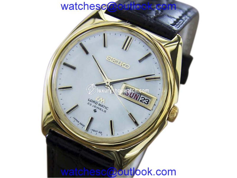 Seiko Lord Matic Day Date Gold Plated Stainless Steel & Leather Automatic 36mm Mens Watch 1970s Seiko