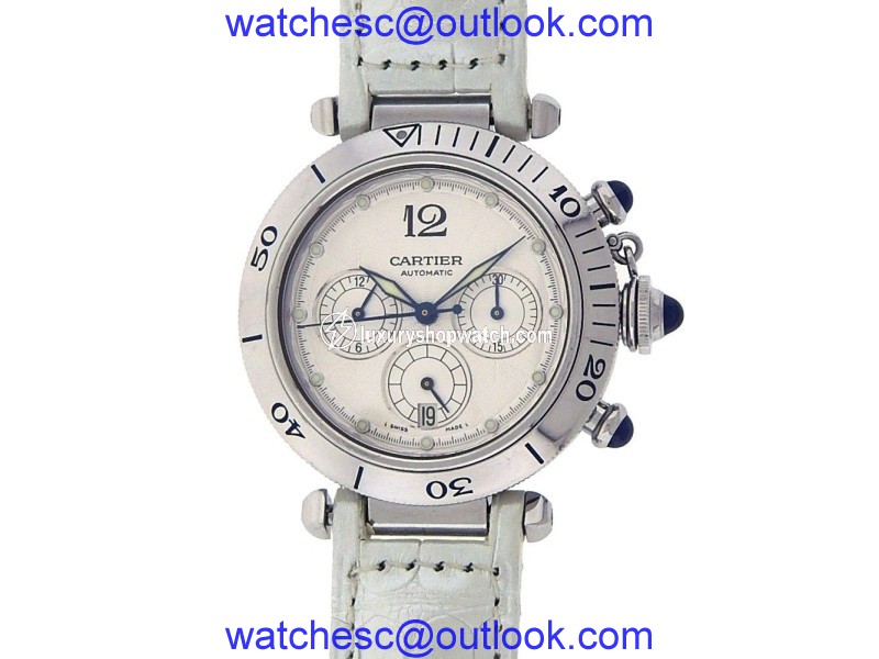 Cartier Pasha W31030H3 Stainless Steel White Dial & Leather Chronograph Automatic 38mm Mens Watch Cartier