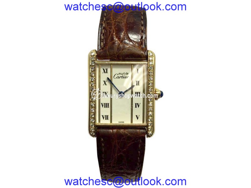 Cartier Tank Must De C124172M Gold Plated Sterling Silver & Leather wDiamonds Quartz 23.60mm Womens Watch Cartier