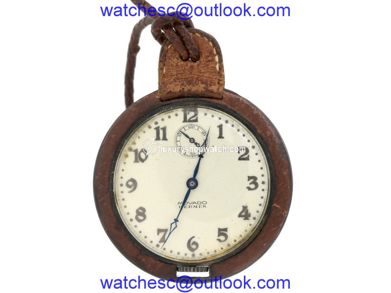 Movado Herm��s Stainless Steel Open Face Brown Saddle Leather 47mm Antique Pocket Watch Movado