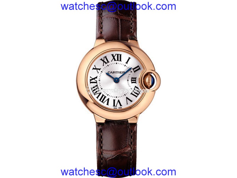 Cartier Ballon Bleu WGBB0007 18K Rose Gold & Leather with Silver Dial 28mm Womens Watch Cartier