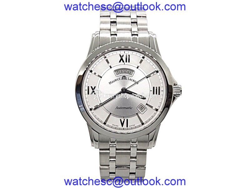 Maurice Lacroix Pontos PT 6058 Stainless Steel Silver Dial Day Date Automatic 39mm Mens Watch Maurice Lacroix