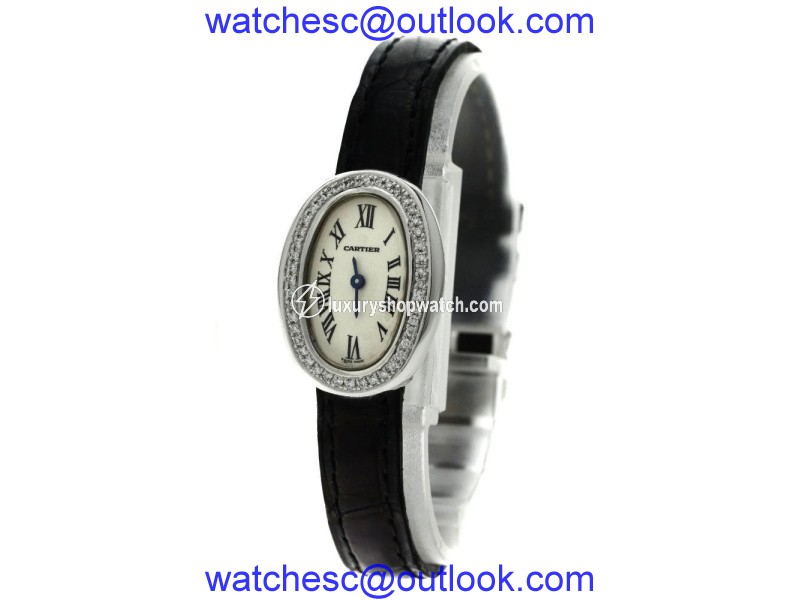 Cartier Baignoire 18K White Gold / Leather with Diamond Quartz 18mm Womens Watch Cartier