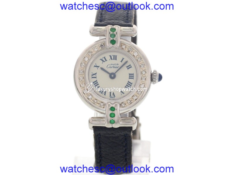 Cartier Ronde Must de 890002 Argent Diamonds & Emeralds Womens Watch Cartier