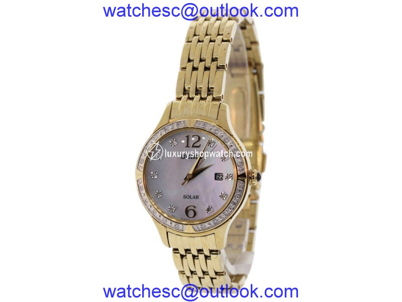 Seiko SUT094 Stainless Steel Gold Plated Mother Of Pearl Dial Diamond Accented 28.5mm Womens Watch Seiko