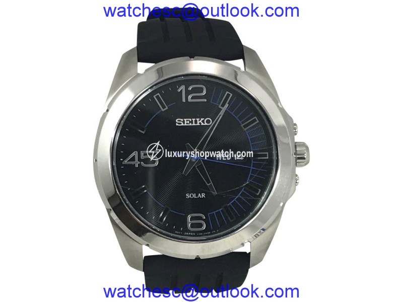 Seiko SNE277 Stainless Steel Black Rubber Strap Black W/ Blue Accents Dial 45mm Mens Watch Seiko