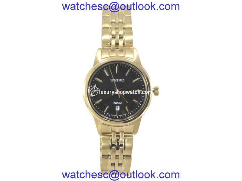 Seiko SUR886 Gold Tone Stainless Steel & Black Dial 28mm Womens Watch Seiko