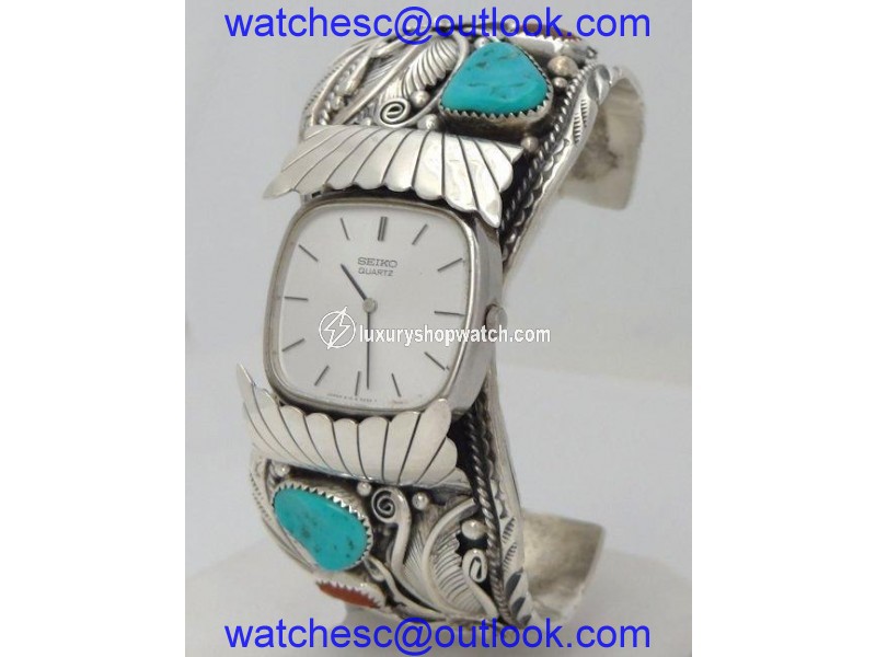 Seiko Sterling Silver D Clark Bracelet Cuff Turquoise Coral Watch Seiko