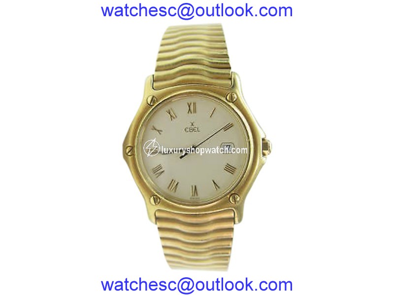 Ebel Classic Wave Day Date 18K Yellow Gold Mens Midsize Watch Ebel