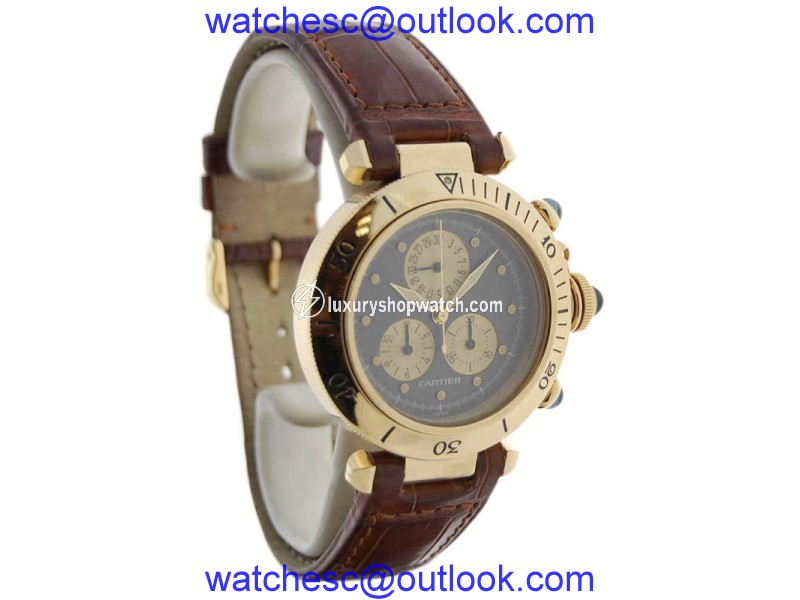 Cartier Pasha 1353 18K Yellow Gold & Brown Leather Strap Quartz 35mm Mens Watch Cartier
