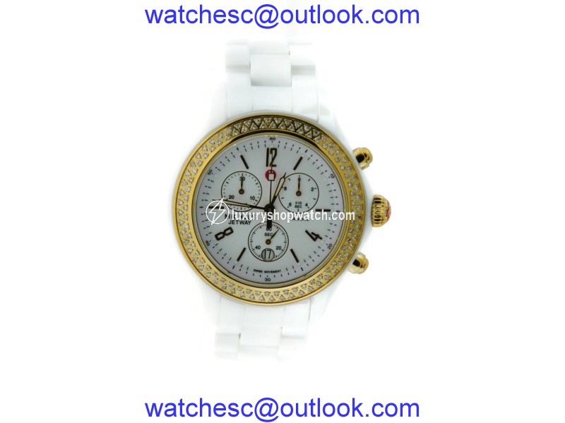 Michele Jetway MWW17B000007 White Ceramic Diamond Gold Tone Watch Michele