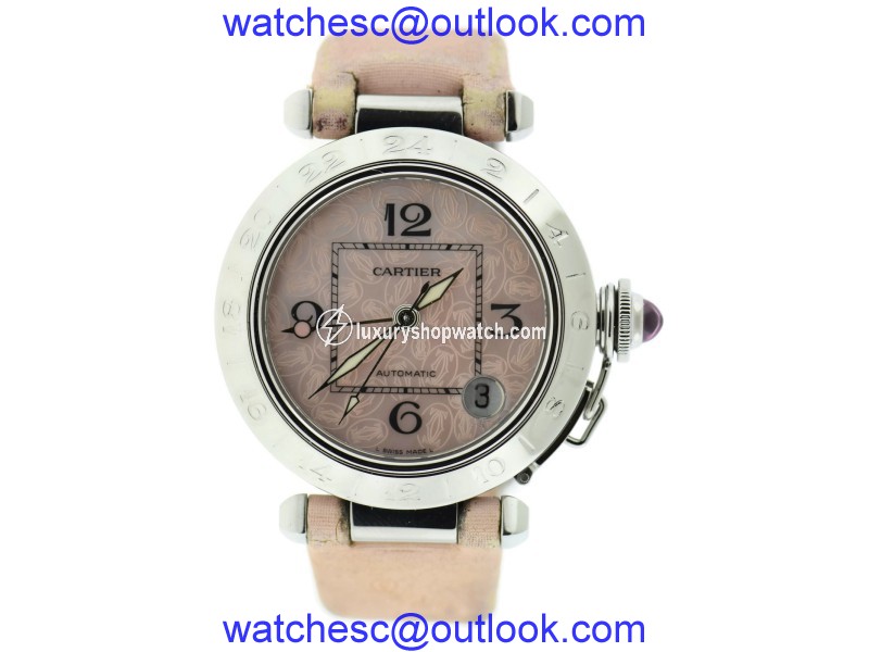 Cartier Pasha GMT 2377 Stainless Steel & Leather Pink Dial 35mm Womens Watch Cartier