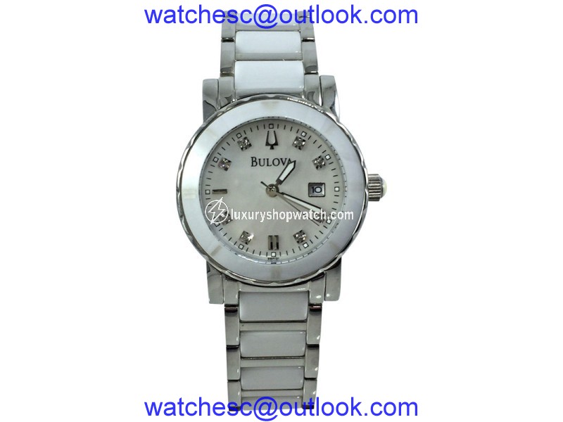 Bulova 98P121 Stainless Steel White Ceramic Mother of Pearl Dial 30mm Womens Watch| Bulova