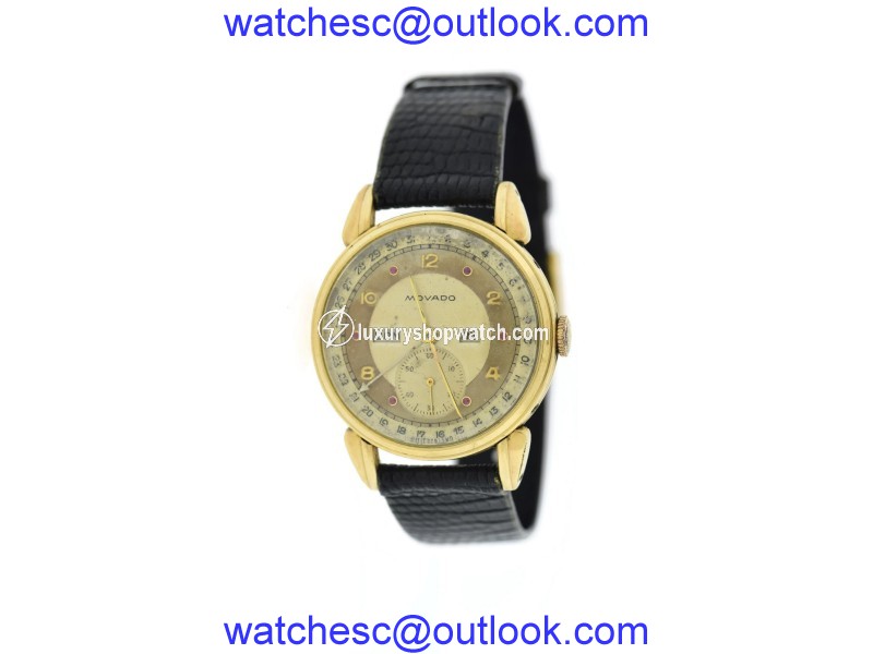 Movado 14K Yellow Gold Ruby Dial Calendar Triple Date Vintage 34mm Mens Watch Movado