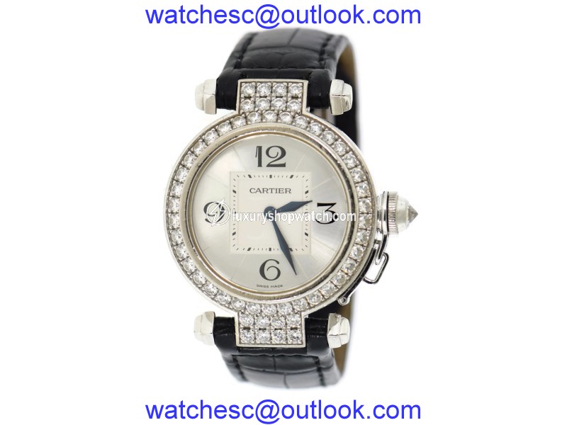 Cartier Pasha WJ11922G 18K White Gold / Leather with Diamond Quartz 32mm Womens Watch Cartier