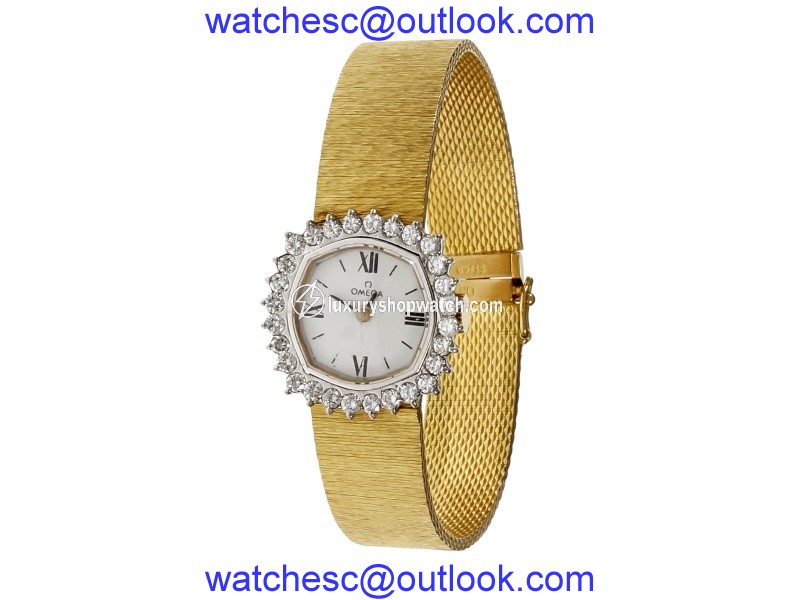 Omega 18K Yellow Gold with Diamond White Dial Manual 19mm Womens Watch Omega