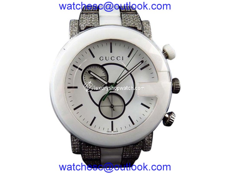 Gucci YA101345 44mm Diamond 6.5Ct White Ceramic PVD G 101 Mens Watch Gucci