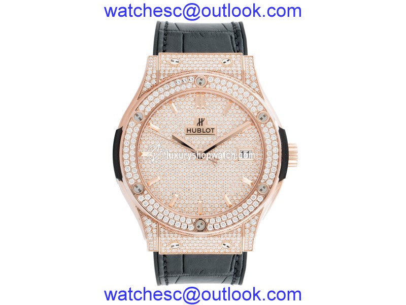 Hublot Classic Fusion Diamond Pave Dial 18K Rose Gold Automatic 45mm Mens Watch Hublot