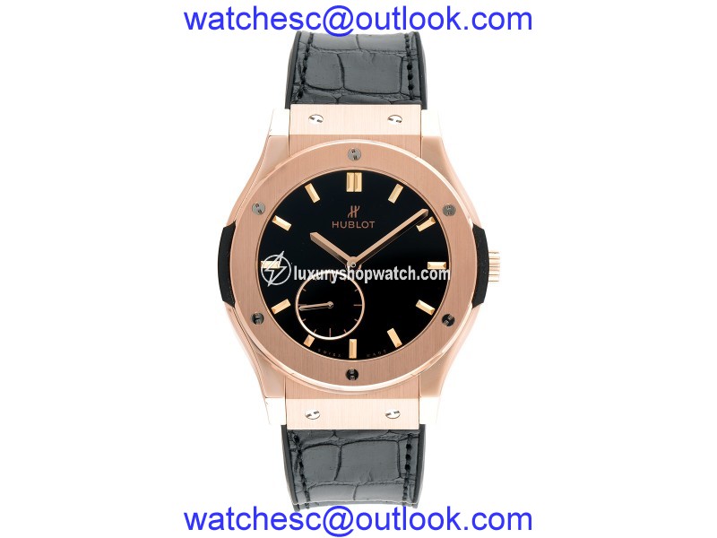 Hublot King Gold Black Dial Black Leather Band 18K Rose Gold Automatic 45mm Mens Watch Hublot