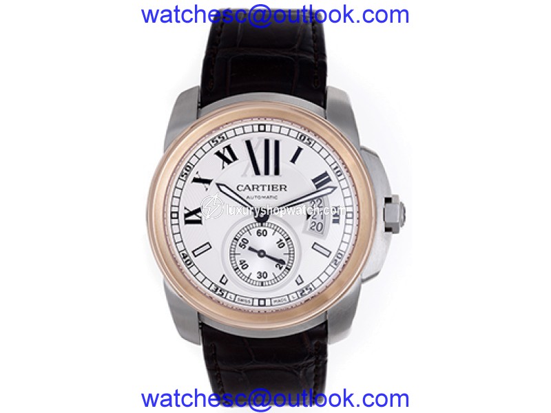 Cartier Calibre de W7100039 Stainless Steel/18K Rose Gold & Black Strap Automatic 42mm Mens Watch Cartier