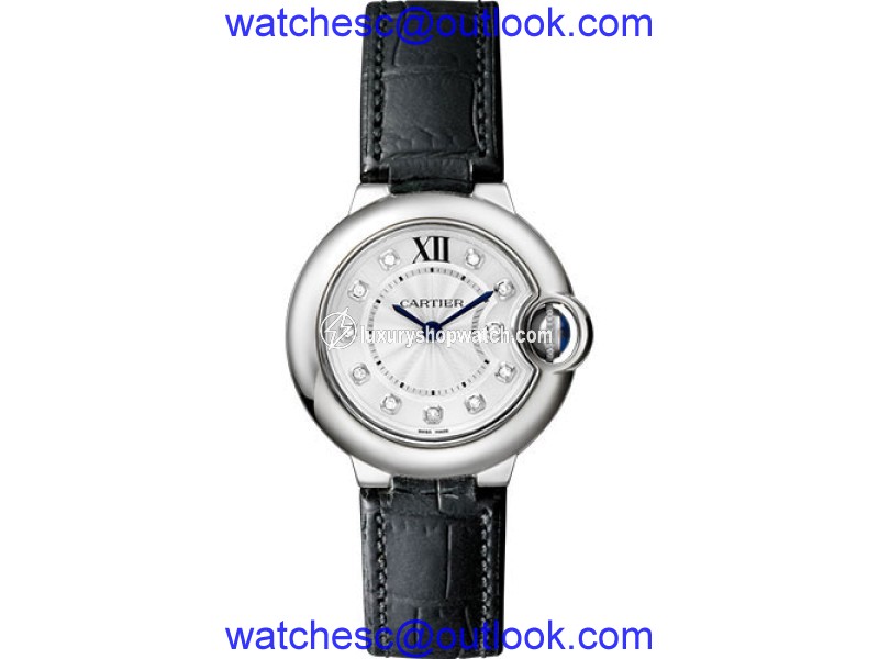 Cartier Ballon Bleu W4BB0008 Stainless Steel & Black Alligator Leather with Silver Diamond Dial 28mm Womens Watch Cartier