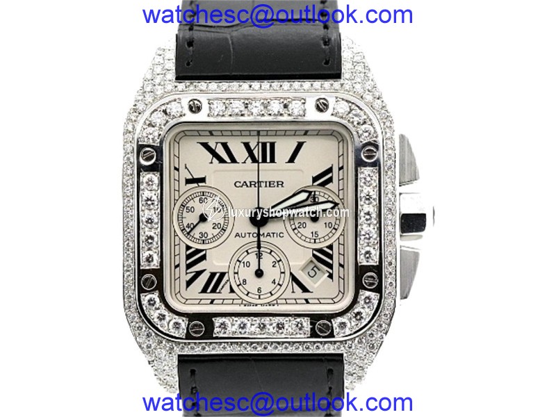 Cartier Santos Stainless Steel & Diamond Mens Watch Cartier