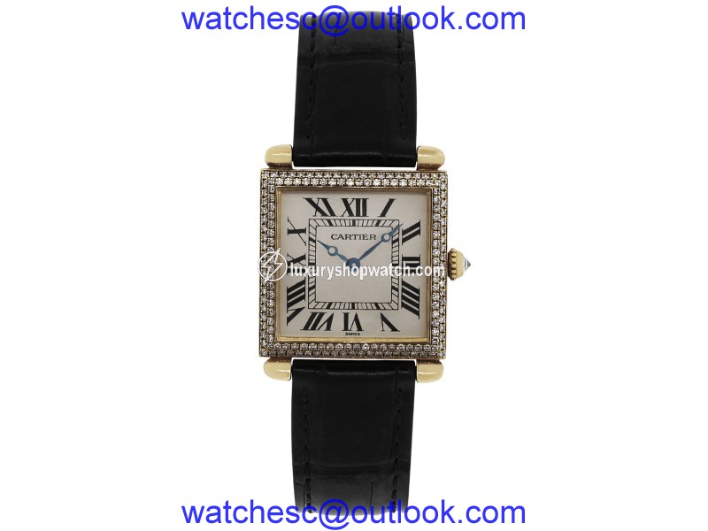 Cartier Tank Obus 1630 18K Yellow Gold Leather Diamond 24mm Womens Watch Cartier